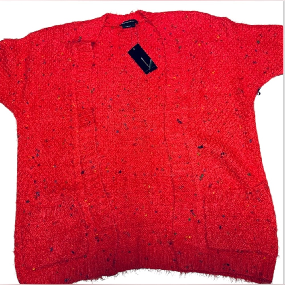 BCBGMAXAZRIA CARDIGAN CHUNKY CONFETTI KNIT SWEATER OPEN FRONT RED COLOR SIZE L - Picture 9 of 16